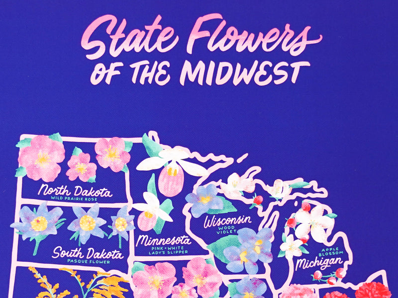 State Flowers of the Midwest map - 12x12"