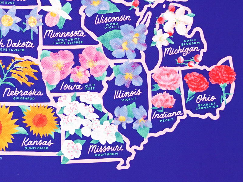 State Flowers of the Midwest map - 12x12"