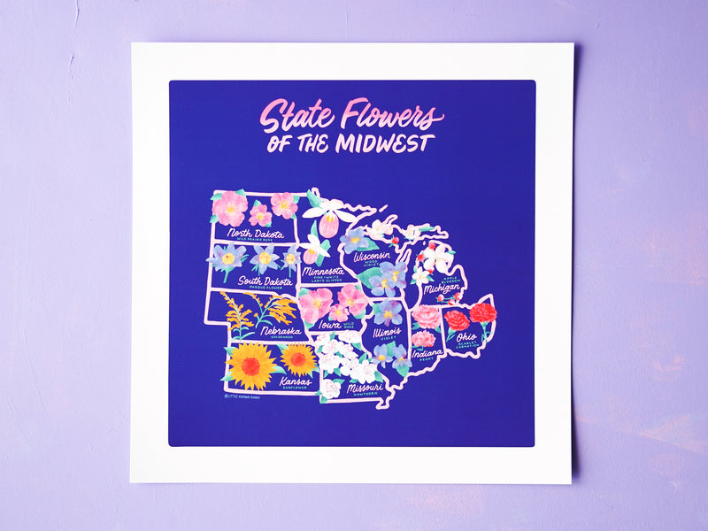 State Flowers of the Midwest map - 12x12"