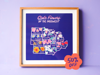State Flowers of the Midwest map - 12x12"