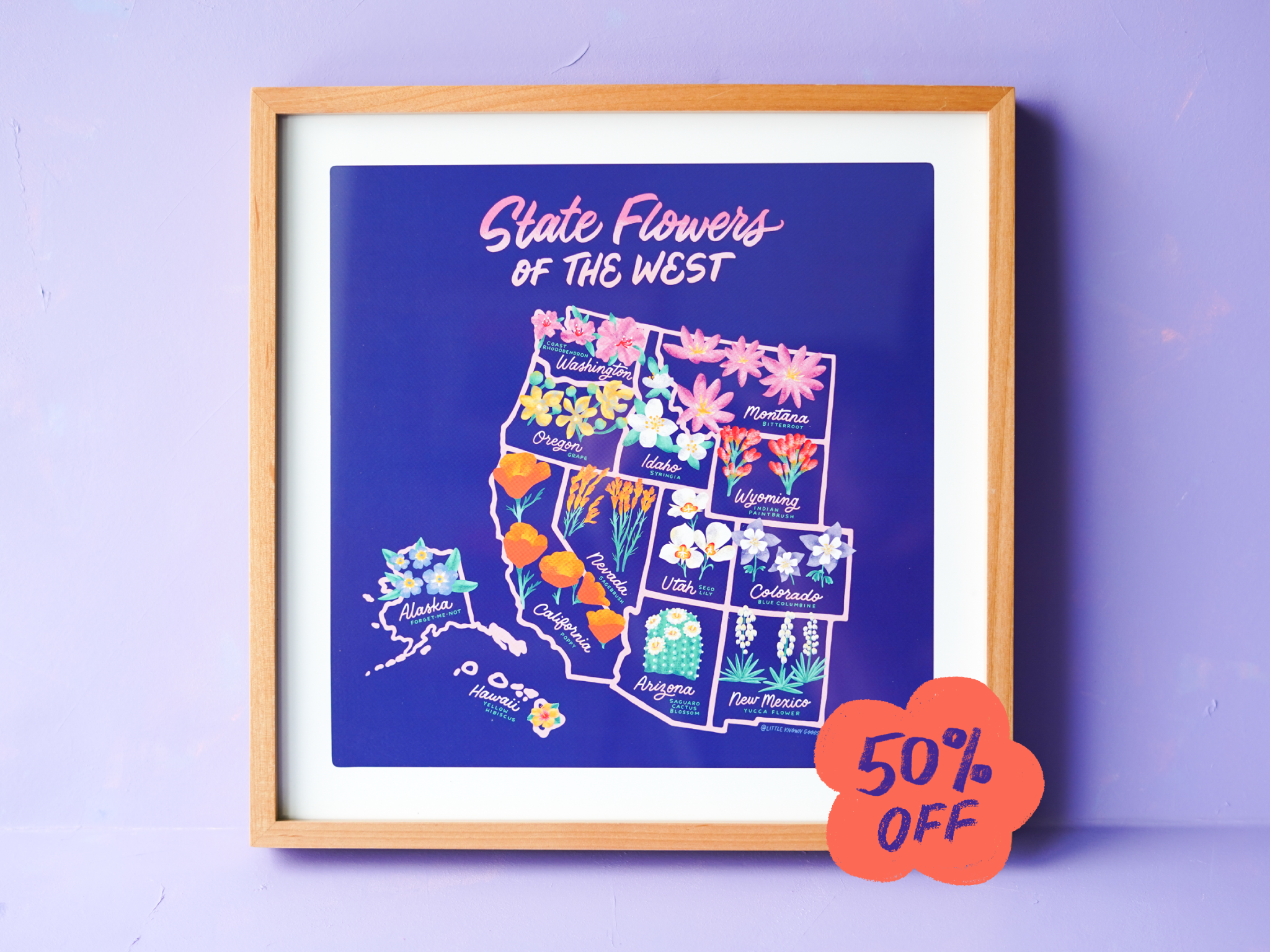 State Flowers of the West map - 12x12"