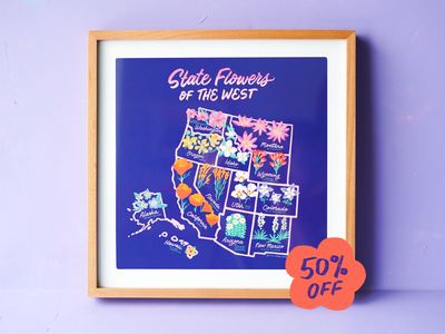 State Flowers of the West map - 12x12"